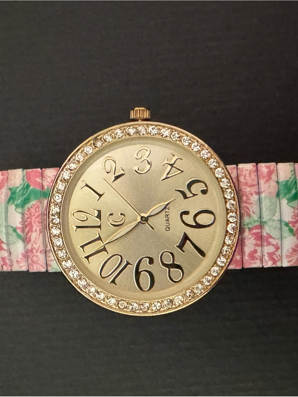 Charming Charlie Gold-Tone Watch with Pink Floral Stretch Band